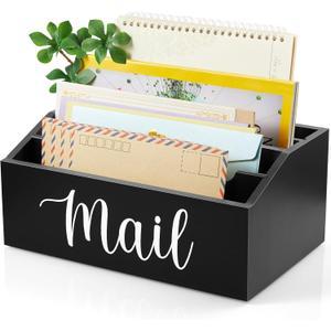 DRASTAR Mail Organizer Countertop, Mail Holder with 4 Slots, Wood Mail Sorter, Bill Organizer for Desk, Mail Storage Organizer for Home Office (Black)