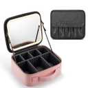 Travel Makeup Bag with Lighted MirrorMakeup Train Case with Adjustable Dividers and 3 Light Modes, PVC, Pink