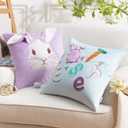 Ashler Easter Bunny Throw Pillow Covers, Rabbit and Letters Pillow Covers with 3D Rabbit Ears, Soft Velvet Easter Decorative Pillowcase for Bedroom, Living Room, Set of 2, Purple, 18 x 18 Inch