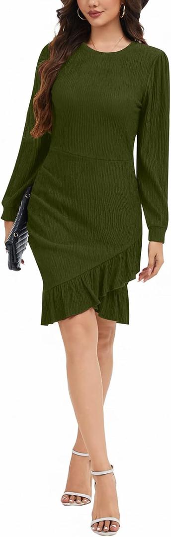 Women's Crewneck Casual Long Sleeve Sweater Dress Ruched Wrap Work Wedding Split Mini Dresses (Green, XL)