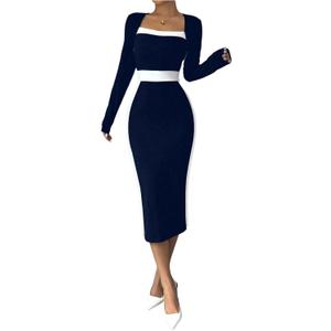SOLY HUX Women's Midi Dress Color Block Square Neck Long Sleeve Bodycon Dresses (Dark Blue and White) S