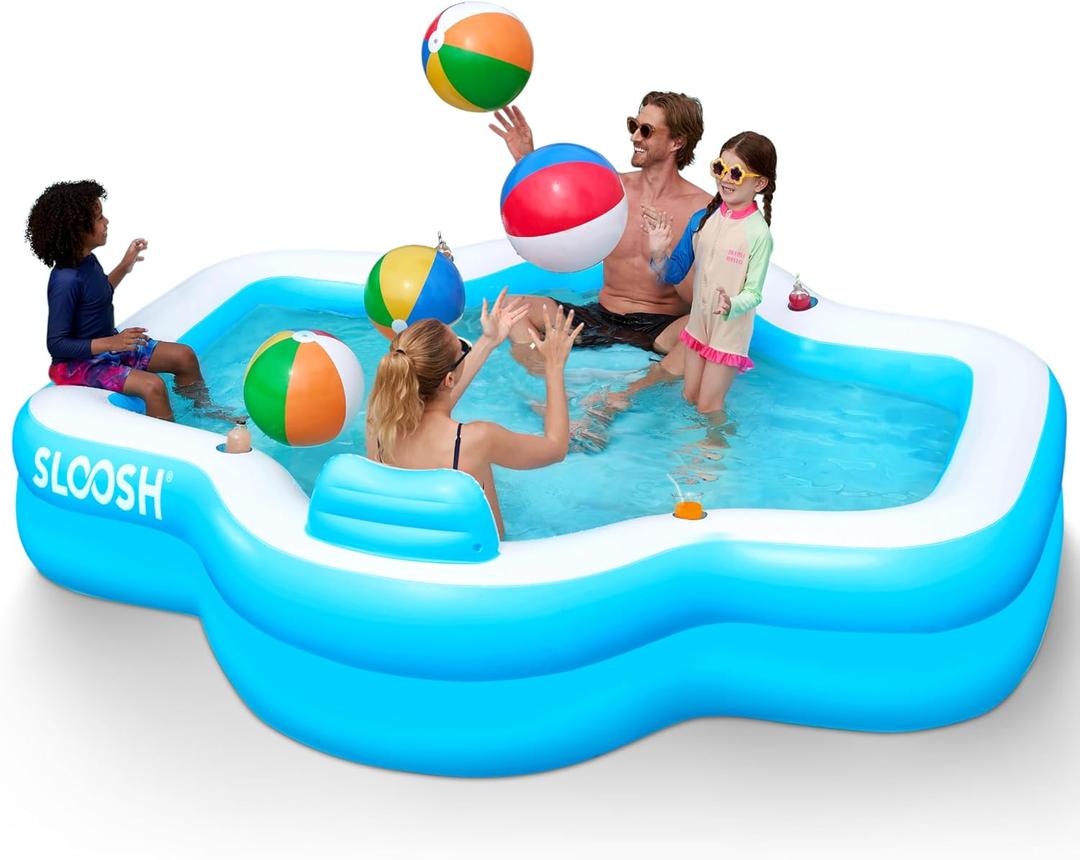 SLOOSH Inflatable Pool for Family with Seats, 120" x 101" x 26" Full-Sized Blow Up Durable Thickened Above Ground Pool with Backrest Cup Holders,Swimming Pools for Backyard Summer Water Lawn, Blue