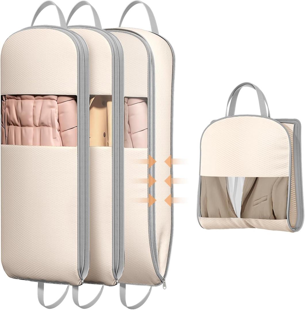 DIMJ 4 Pack 43" Compression Garment Bags for Hanging Clothes With Carry Handles and Window, Space Saving Washable Suit Bag for Dress, Clothes, Coats, Down Jacket, Closet Storage, Moving, Travel (Beige)