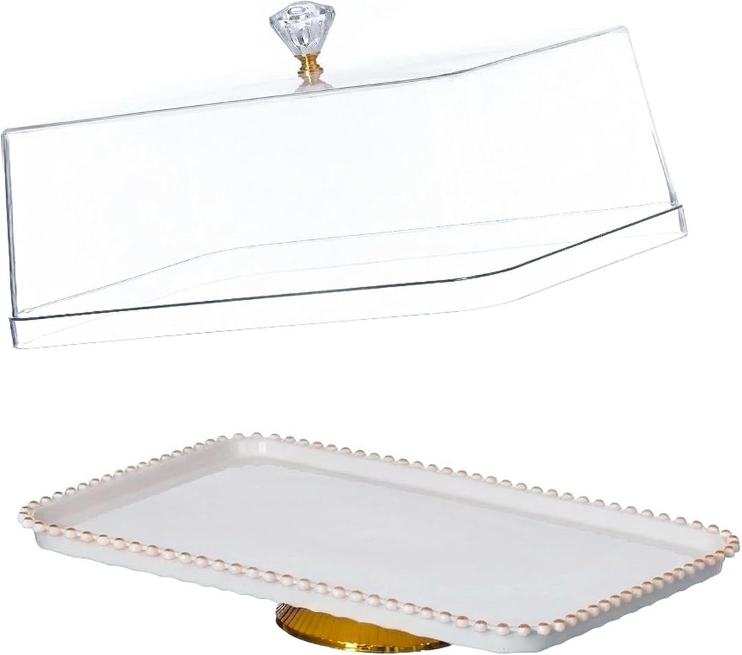 Basicwise 16" Rectangular Cake Stand Dessert Serving Platter with Clear Tray and Cover Gold Pedestal Base Beaded Edge Display for Cakes Pastries & Cupcakes Ideal for Weddings & Special Occasions