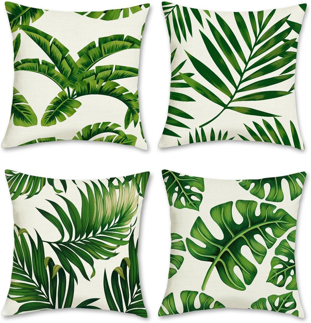 Bonhause Tropical Leaves Throw Pillow Covers 18 x 18 Inch Set of 4 Green Palm Leaf Decorative Pillow Cases Polyester Linen Outdoor Cushion Covers for Sofa Couch Garden Home Decor