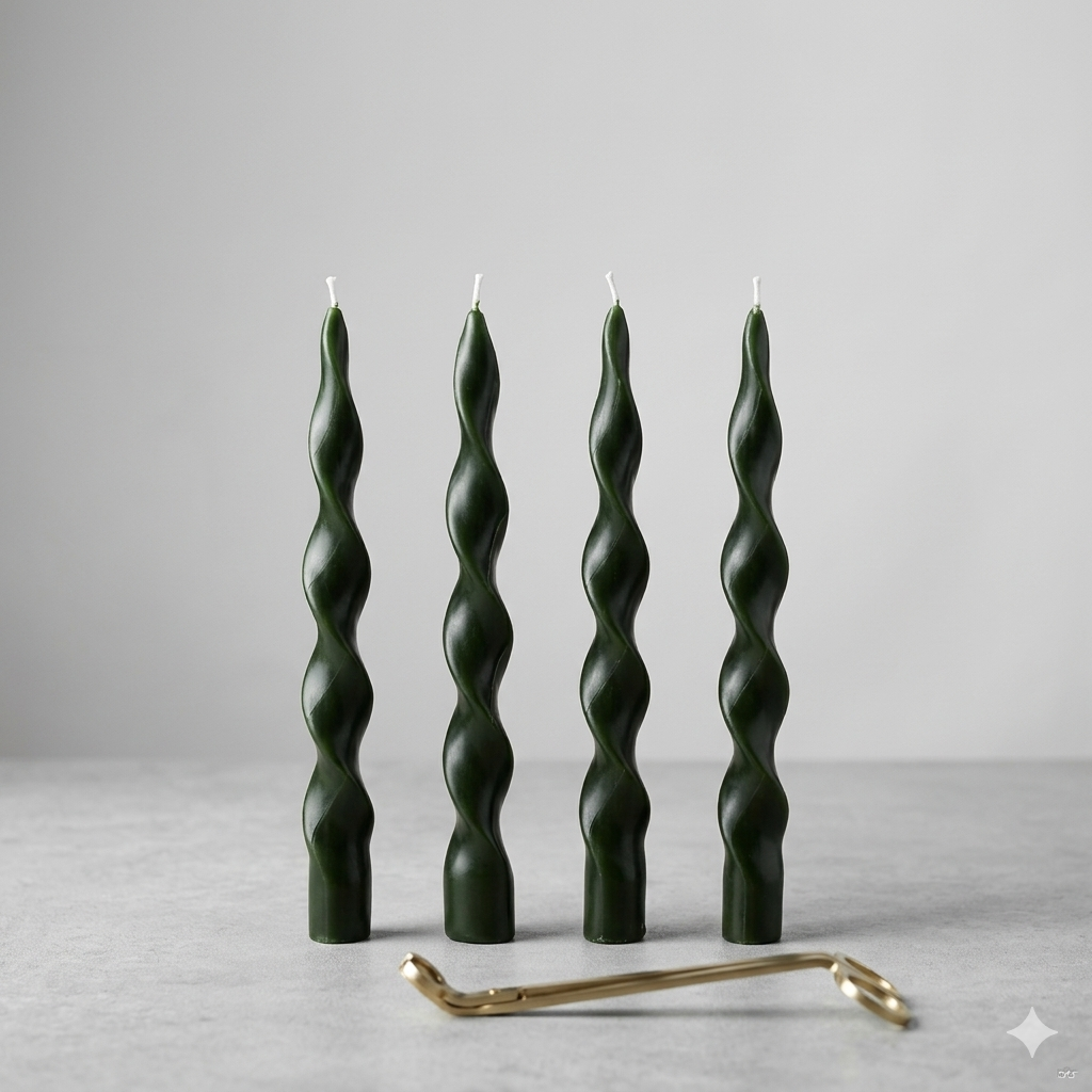 10 Inch Olive Spiral Taper Candles Dripless Twisted Taper Candle Handmade from Vegan Soy Wax for Holiday Wedding Party Home Dinner Decoration Party and Any Occasion, Set of 4