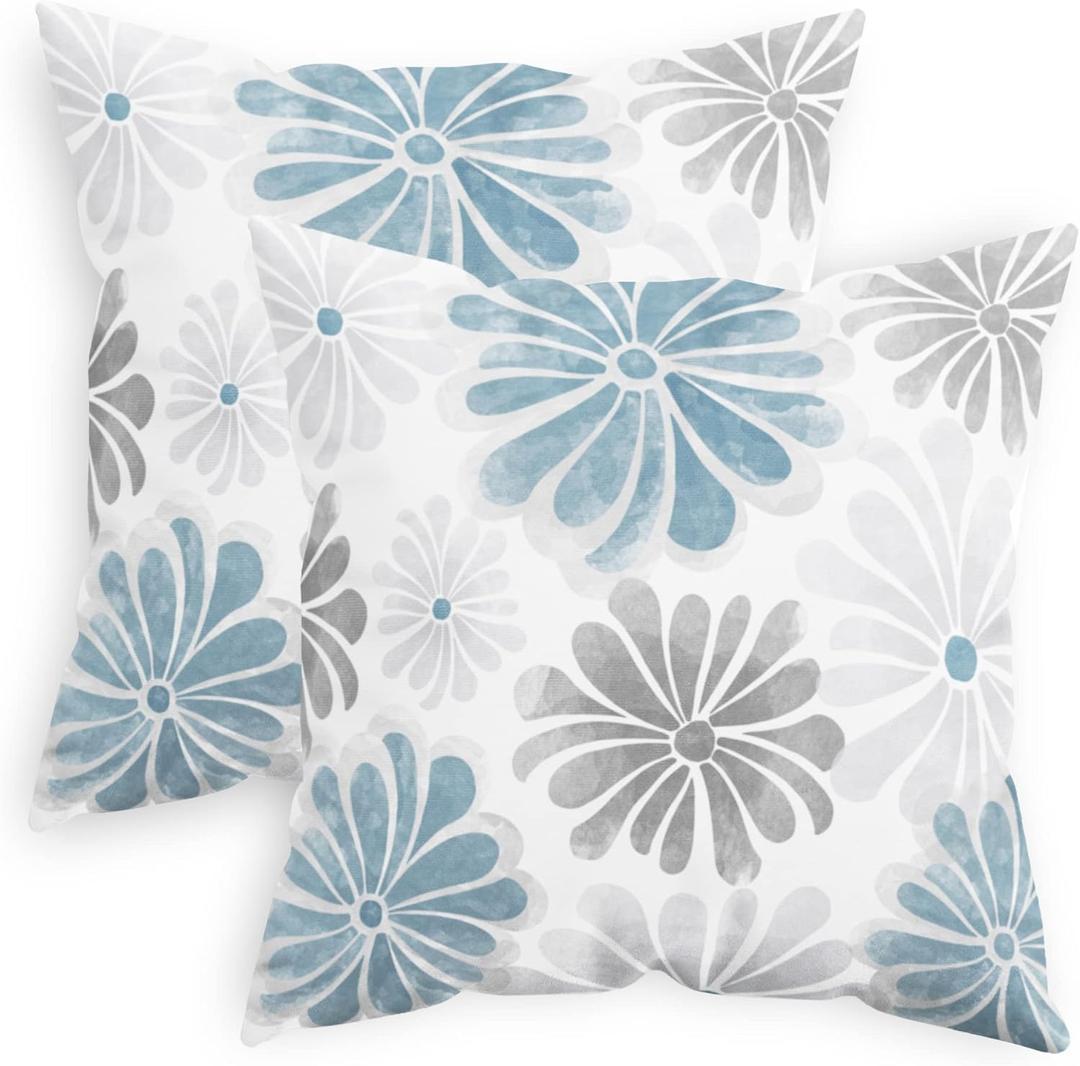 CaliTime Throw Pillow Cases Pack of 2 Cozy Fleece Two-Tone Blooming Flowers Decorative Cushion Covers for Couch Bed Sofa Farmhouse Decoration 18 X 18 Inches Smoke Blue Grey (18" x 18" (Pack of 2))