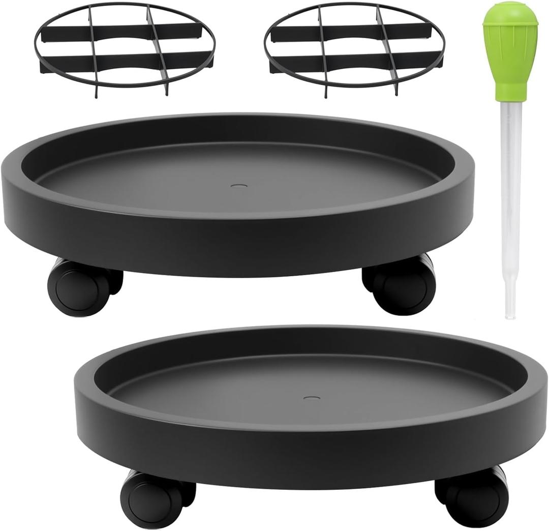 2 Pack 15.7''Large Plant Stand with Wheels, Plant Stand Dolly for Heavy Planter, Wheeled Planter Saucer Tray, Rolling plant stand, Heavy-Duty Plant Caddy with Casters for Indoor and Outdoor(Black)