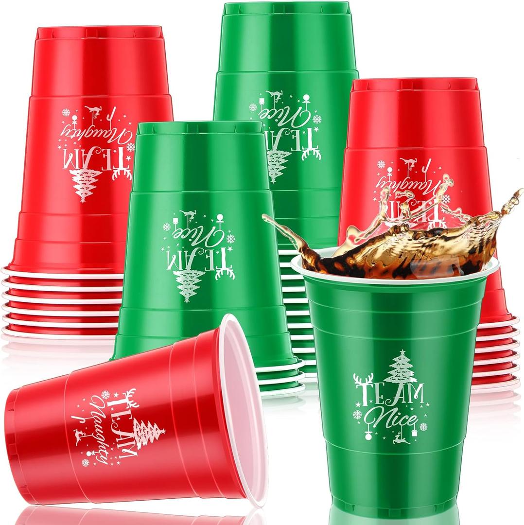 Sliner 30 Pcs 16 oz Christmas Disposable Cups Bulk Christmas Plastic Coffee Cups Christmas Team Naughty or Nice Plastic Cups Disposable Christmas Drinking Cups for Christmas Party Drinks Supplies
