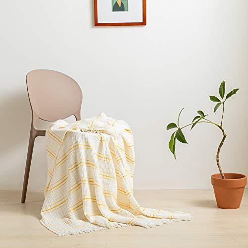 Simple&Opulence Yarn Dyed Striped Cotton Muslin Throw Blanket for Bed, Couch, Knit Woven Blanket with Tassels Soft Lightweight Cozy Pre-Washed Breathable Farmhouse Decoration for All-Season(Yellow)45x45