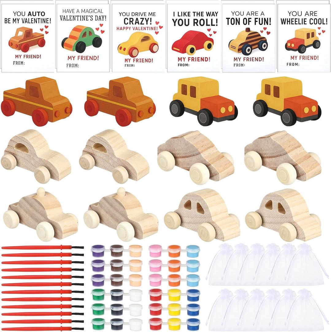 Skylety 60 Pcs Valentines Gifts Kids Paint Kits Unfinished Wooden Cars to Paint Craft Wood Car with Cards School Classroom Student Valentines Party Favor