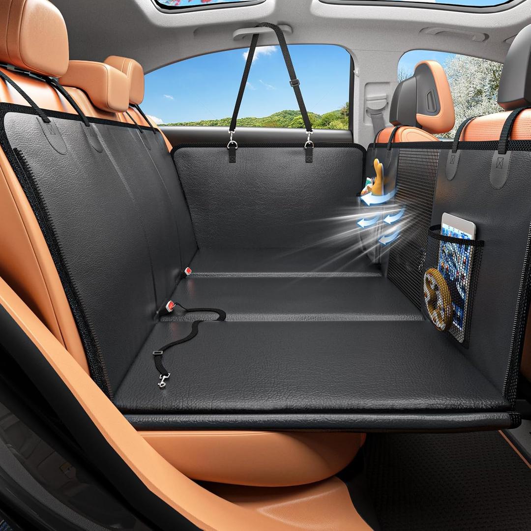 HOB4U Back Seat Extender for Dogs, PU Leather Dog Car Seat Cover for Back Seat with Hard Bottom, 100% Waterproof, Scratch Proof and Anti Slip Dog Hammock for Cars and SUVs, Holds 400 lbs (Large, full-black)
