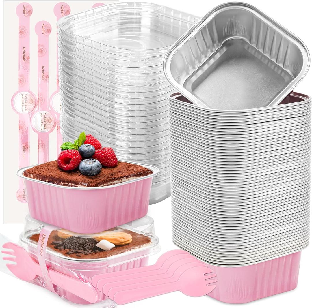 50 Pack Mini Cake Pans with Lids and Spoons Small Aluminum Foil Pans Square Baking Cups Disposable Ramekins Cupcake Liners for Brownie Pie (Pink, 5 oz)