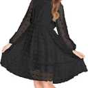 Flypigs Black Dress for Girls Swiss Dot Long Sleeve Tulle Tunic Dress A-Line Flowy Pleated Casual Dresses 5T-6T