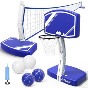 Pool Basketball Hoop&Pool Volleyball Net 2 in 1,Pool Toys Basketball Game with Weighted Base&Stand,2 Water Volleyball&2 Basketball and Pump,Summer Outdoor Family Party Pool Games for Kids Adults
