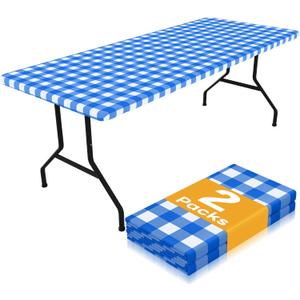 Smiry Picnic Table Cloth 2 Pack, Waterproof Elastic Fitted Tablecloths for 6FT Rectangle Tables, Washable Polyester Buffalo Plaid Tablecloth for Camping, Dining & Outdoor (Blue & White, 30" x 72")
