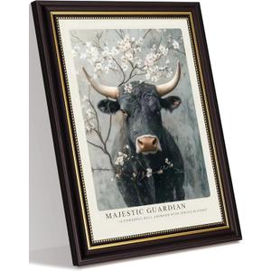 Framed Vintage Farmhouse Cattle Canvas Wall Art Powerful Bull Adorned With Spring Blooms Pictures Wall Decor OAK Wood cow Rustic Farm Animal Poster Print Artwork for Living Room Bedroom Bathroom