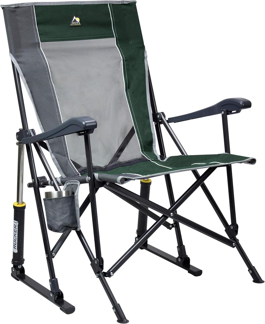 GCI Outdoor Roadtrip Rocker Camping Chair | Portable, Folding Rocking Chair with Solid, Durable Armrests, Drink Holder & Comfortable Extended Backrest — Hunter Green