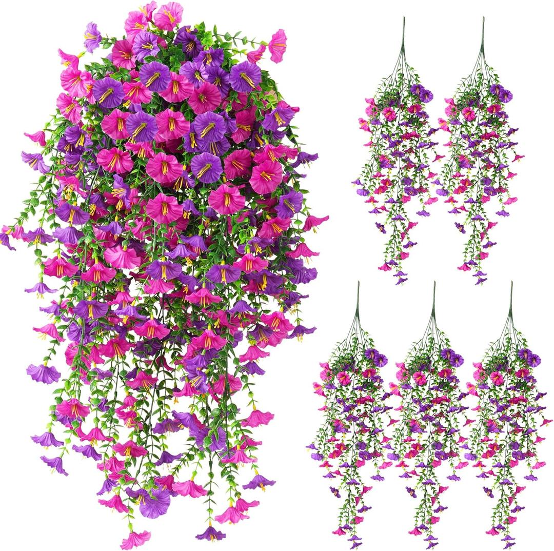 Artificial Hanging Flowers for Outdoors, 5Pcs UV Resistant Faux Petunias, Realistic Fake Silk Long Vines Morning Glory Eucalyptus for Outside Indoor Planter Porch Patio Home Decor, Mix
