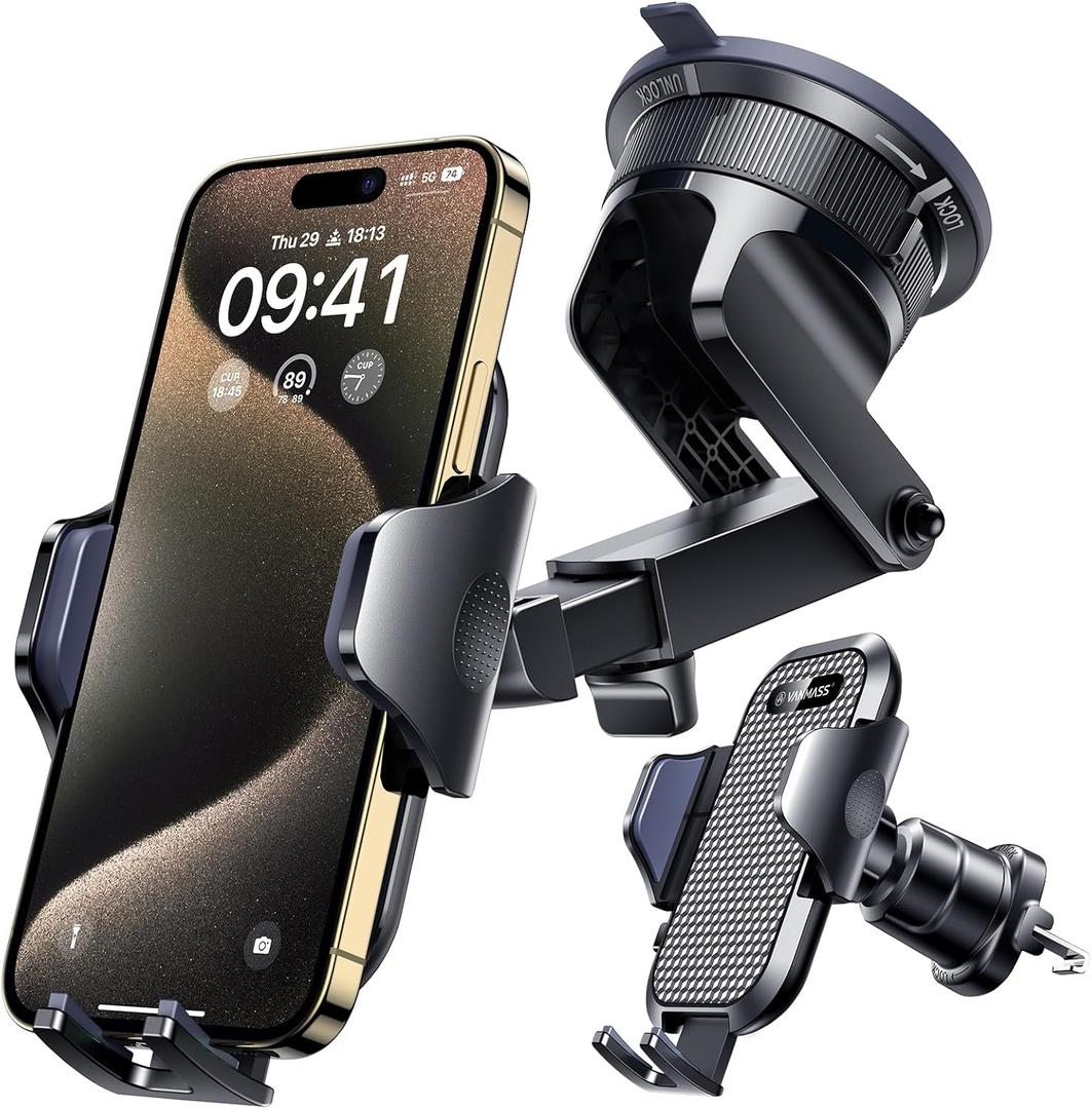 [True Military-Grade] Car Phone Holder VANMASS [Upgraded Strongest Suction & Clip] Cell Phone Mount for Dashboard Windshield Vent, Truck Accessories Cradle Stand for iPhone 16 Pro Max 15 14 13 Android (Black)