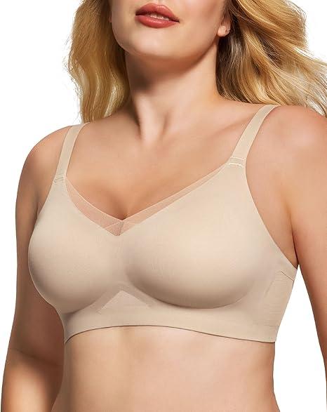 As Fairy Womens Bra No Underwire Seamless Wireless Bra with Soft Support V Neck Mesh Bras Lace Bralette Everyday Bra , Medium Nude 