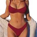ZAFUL Women's Ribbed Underwire Bikini Set High Cut Colorblock V Notch Swimwear Printed High Leg Swimsuit (Medium)