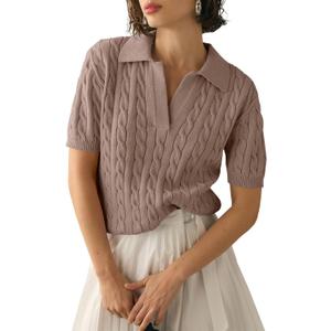 Imily Bela Women's Cable Short Sleeve Sweaters Tops Solid Lapel V Neck Knit Casual Soft Pullover Shirt (Large, Brown)