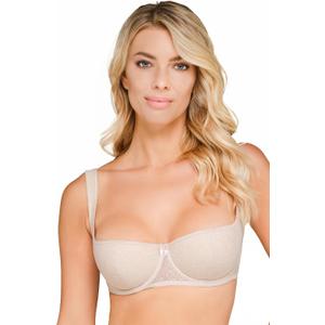 Rosme Women's Balconette Bra with Push Up Effect â€“ Plus Size Sexy Lace Demi Half Cup Bra â€“ Lightly Padded Underwired Low Cut Mesh Design Grand, Beige, Size 36C