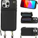 Bocasal Crossbody Wallet Case for iPhone 15 Pro Max, RFID Blocking Leather Purse Case with Card Holder, Protective Handbag Flip Cover with Zipper Wrist Strap Lanyard for Women 5G 6.7 Inch (Black)