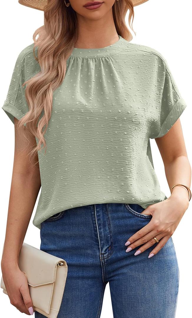 Work Blouses for Women Dressy Casual Swiss Dots Short Sleeve Tops Chiffon Business Casual Summer Tops (Large, Light Green)