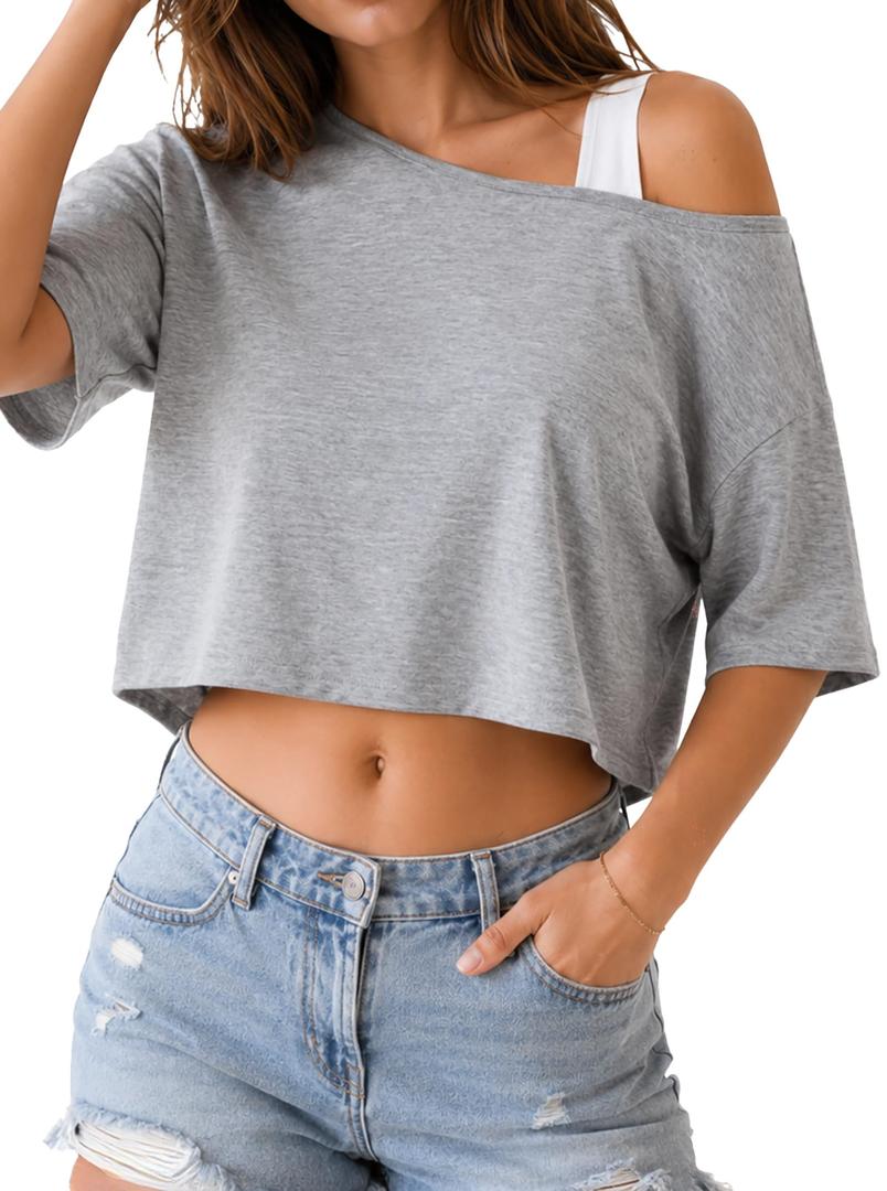 JDEEO Women's One Shoulder Crop Top Short Sleeve Summer Casual Tee Asymmetrical Off Shoulder Tops for Beach Vacation Grey Large (Gray)