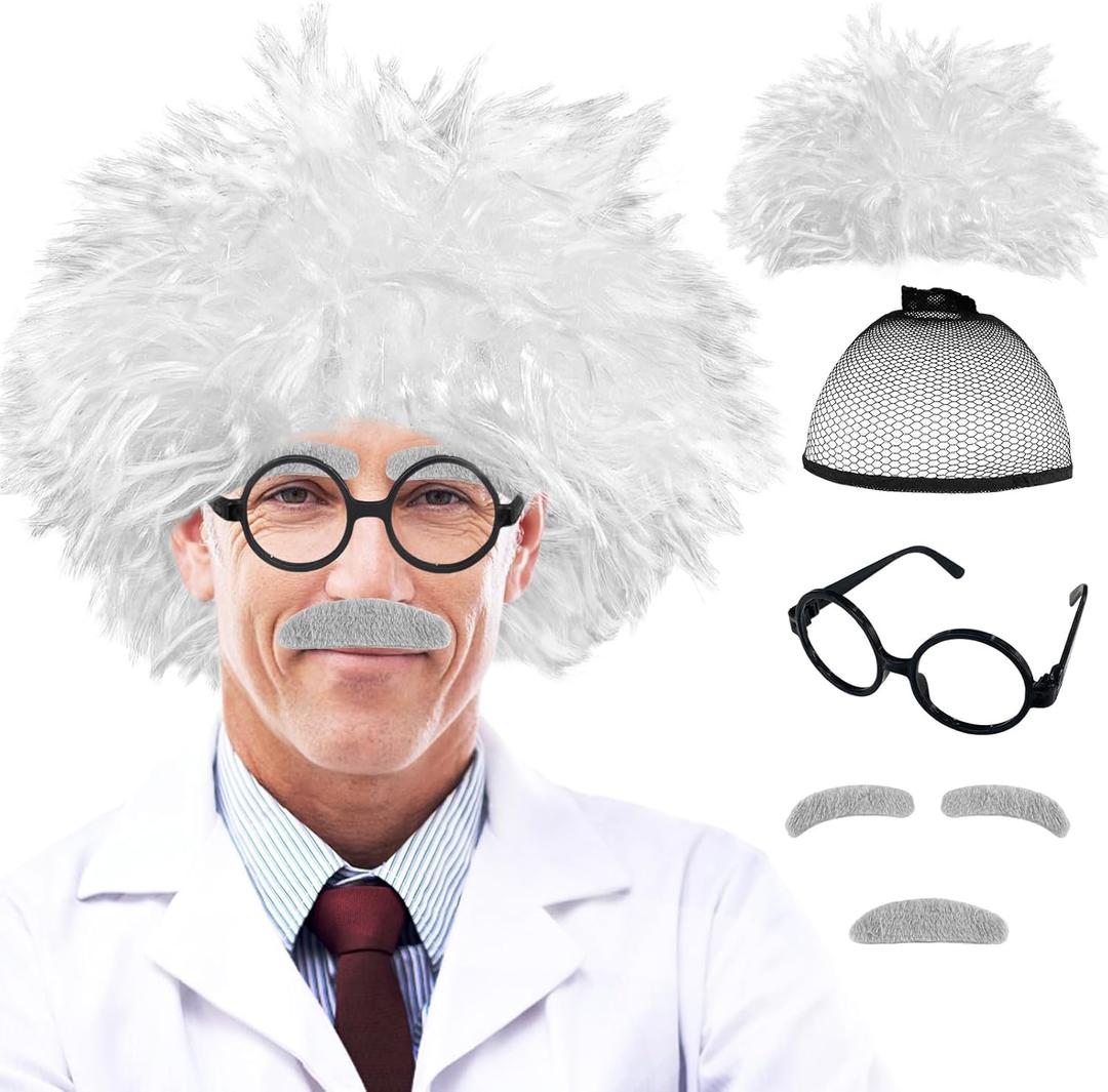 6 PCS Old Man Mad Scientist Wig Set,Crazy Old Man Physicist Wig Costume,Dressing up Grandpa Costume for Kids 100th Day of School,Cosplay Party Wig,Eyebrows,Mustache,Glasses Set