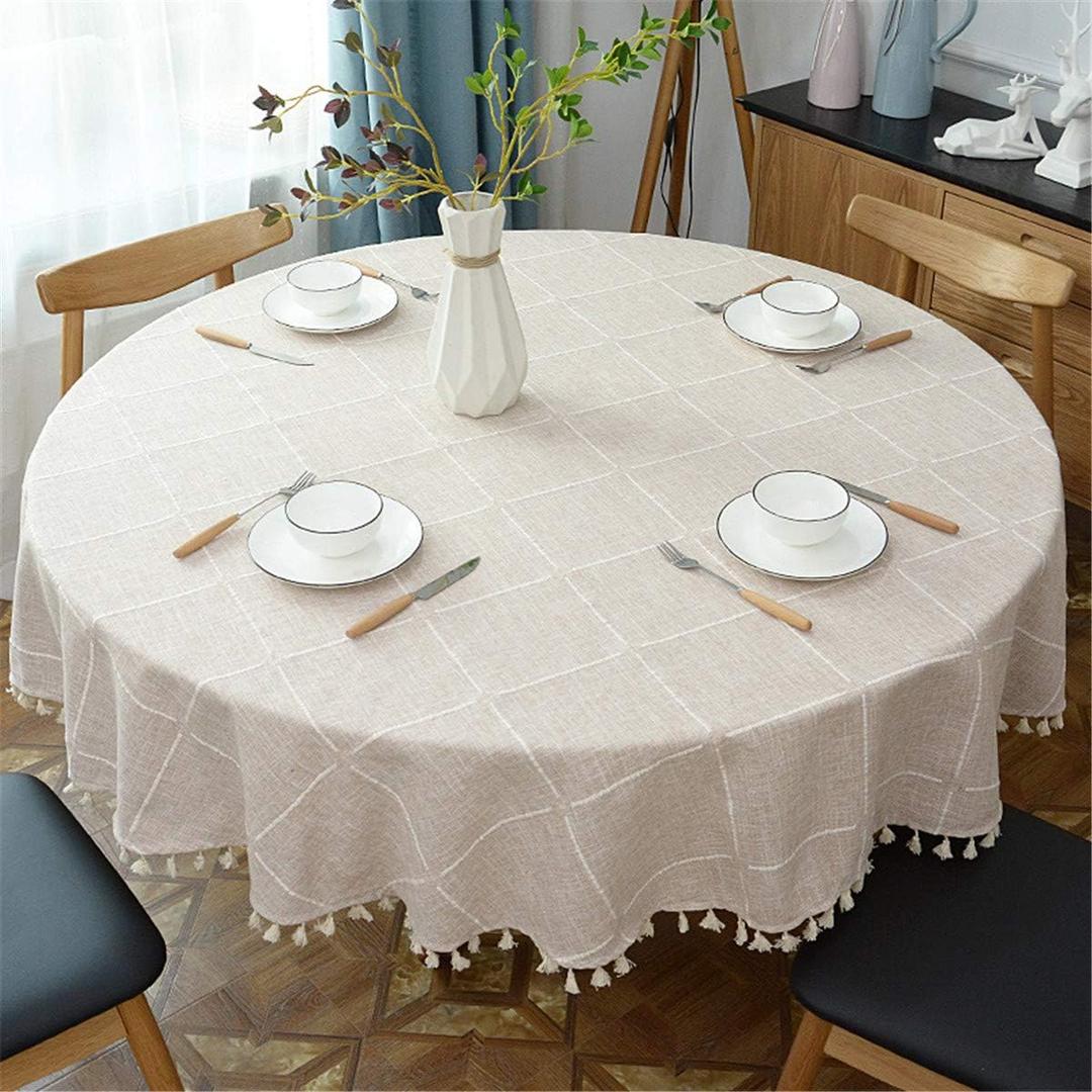 Round Tassel Plaid Tablecloth, Heavy Weight Cotton Linen Fabric Table Cover Kitchen Dining Tabletop Decoration, Beige Round 48" (Recommended for Table Sizes up to 32")