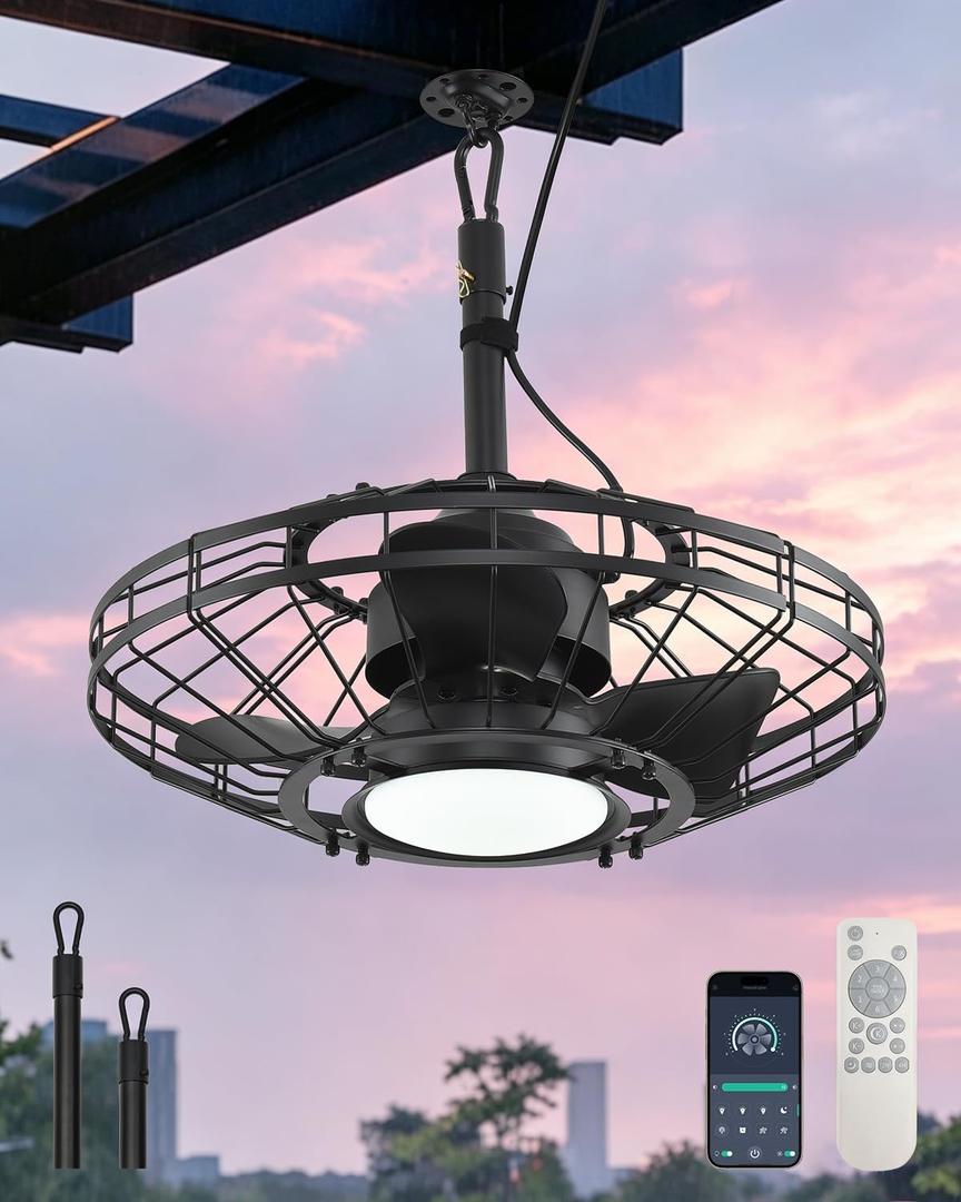 Outdoor Ceiling Fan with Light,20in Gazebo Fan with Remote and APP, 6 Speed,Dimmable 3 Color,Waterproof Cage Fan for Patio,Porch, Pergola,Canopy (Matte Black), Small