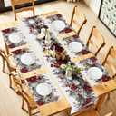 Red Christmas Table Runner and Placemats Set of 6-Piece Cotton Linen Dining Set Decor for Daily Use (13"x72", 12"x18") Christmas Decorations Snowball