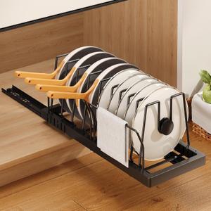 Mustorn Pots and Pans Organizer Under Cabinet, 21.6" Deep Pull Out Pot Lid Organizer Holder with Guardrail Adhesive Pot and Pan Holder Rack with 10 Adjustable Dividers1 Pack(Black)