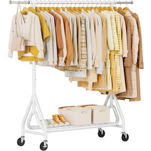 Heavy Duty Clothes Rack, Metal Clothing Rack Load 450 LBS, Rolling Coat Racks for Hanging Clothes with Lockable Wheels, Wardrobe Closet Garment Racks for Bedroom, White