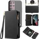 Asuwish Phone Case for Samsung Galaxy S22 Ultra 5G Zipper Wallet Detachable Cell Cover with Tempered Glass Screen Protector Lanyard Strap Flip Card Holder S22ultra 22S S 22 S22ultra5g 6.8 Women Black