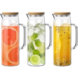 3 Sets Glass Pitcher with Lid, 50 oz / 1500 ml Water Carafe with Handles Hot Cold Beverage Water Jar Glass Jug (Bamboo lid)