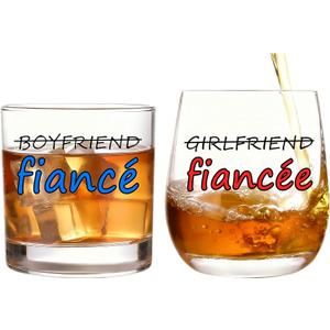 2PCS Boyfriend and Girlfriend 12 oz Wine Whiskey Glass Gift Set - Engagement Gifts for Couples Fiance Fiancee Him Her His Hers Glasses Mr Mrs Bride Groom