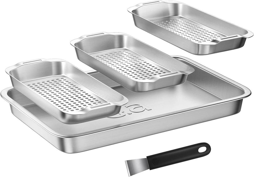 Grill Basket Set - BBQ Grill Tray with 3-Piece Grill Basket & Universal Handle, Heavy-Duty Stainless Steel, Dishwasher Safe, Rust-Resistant for Outdoor Cooking, Camping, Picnic, Gas, Charcoal Grills