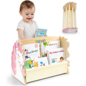 Toddler Bookshelf Double-Sided with 4 Tier Deep Sleeves Kids Wooden Montessori Book Rack for Baby Nursery Room, Playroom, Classroom or Bedroom Bookcase Storage Organizer, Pink Unicorn
