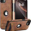 2 x Design for iPhone 16E Leather Case, Built-in Foldable Alloy Stand, Logo Visible Slim Kickstand Protective Phone Cover 2025 6.1 Inch (Brown)