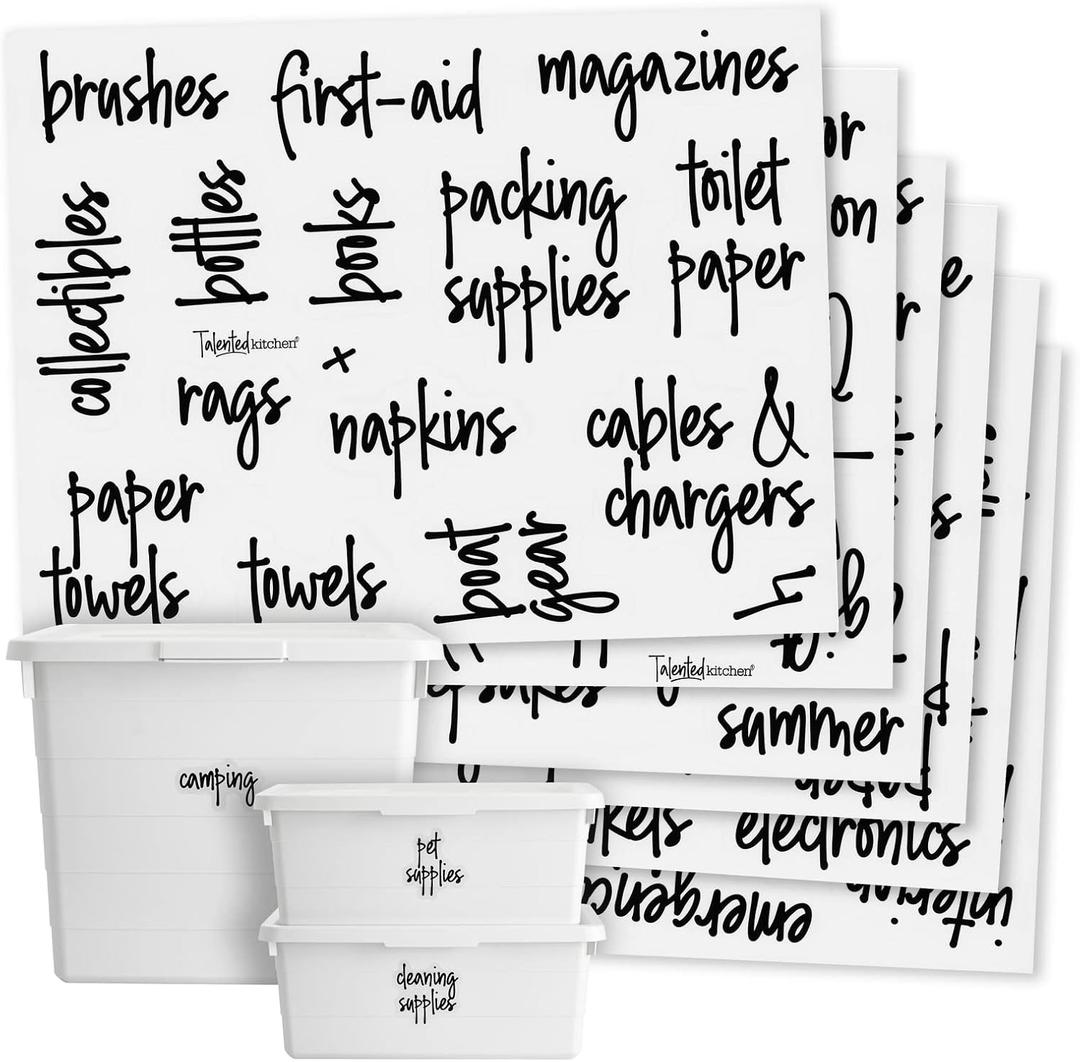 Talented Kitchen 136 Garage Labels for Storage Bins - Preprinted Black Script on Clear Household Storage Labels for Organizing Totes, Containers, and Boxes (Water Resistant) (Varies)