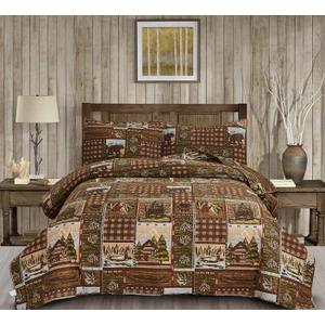 Moose Bear Quilt Set Full/Queen Size Rustic Cabin Bedding Set Reversible Quilts Home Lodge Bedspread Coverlet Wildlife Bears Pine Tree Bedding Woodland Plaid Patchwork Quilted Bed Spread Country Decor