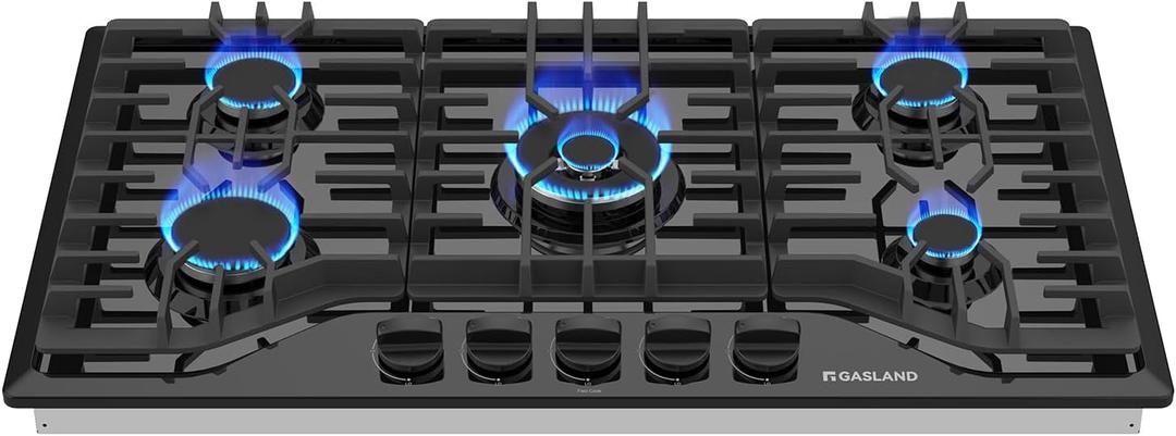 GASLAND 36 Inch Gas Cooktop 5 Burner, PRO GH2365EF, Built-in NG/LPG Convertible Stovetops, Gas Countertop Plug-in with Thermocouple Protection, Black