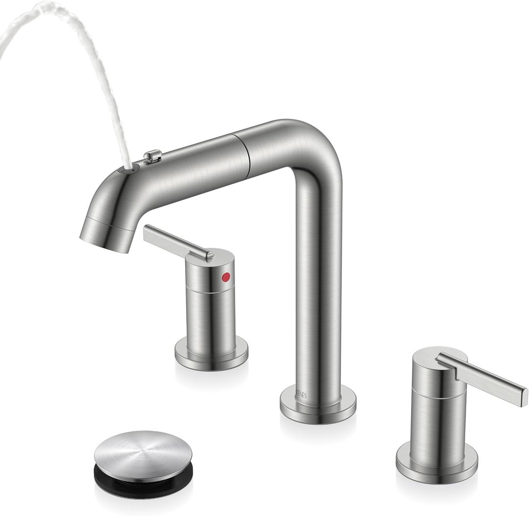 KENES Widespread Bathroom Faucet with Sprayer, Brushed Nickel Bathroom Sink Faucet with Pull Down Sprayer, 8 Inch 3 Hole Pull Out Bathroom Faucet with Pop Up Drain & Supply Lines LJ-9058A