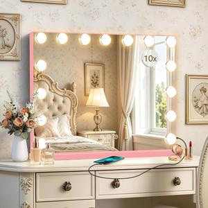 Hollywood Vanity Mirror with Lights, 22.1"x18.1" Hollywood Mirror with 10X Magnification, 15 Dimmable LED Bulbs & 3 Color Lighting Modes Desk Wall-Mounted Makeup Vanity Mirror