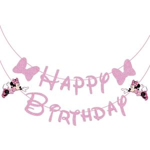 Pink Mouse Happy Birthday Banner, Birthday Party Decoration for Girl Kids, 45 inch