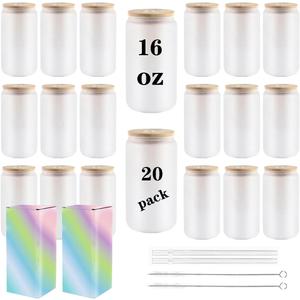 Frosted Sublimation Glass Cups With Bamboo Lid 16oz Tumblers 20Pack Blanks Glasses Beer Can and Straws